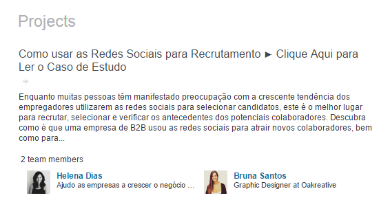 4 formas de usar o LinkedIn como Ferramenta de Marketing - Seção de Projectos no LinkedIn